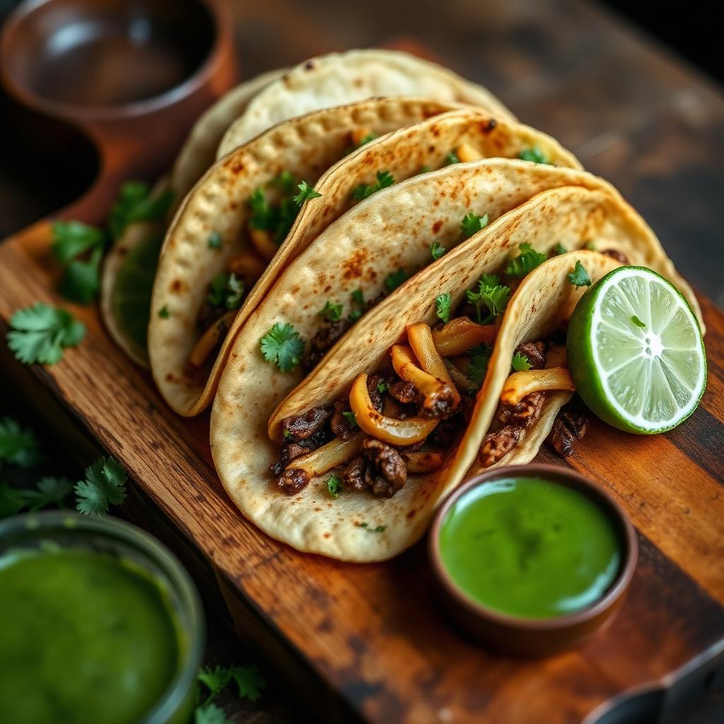 Wood-fired street tacos on a wooden board with lime and salsa verde