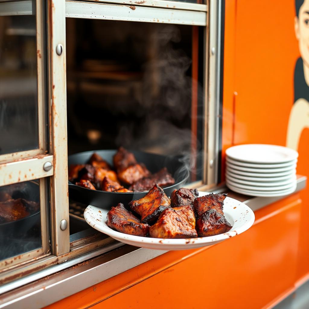 Charred carne asada in a cast iron skillet on a food truck window ledge
