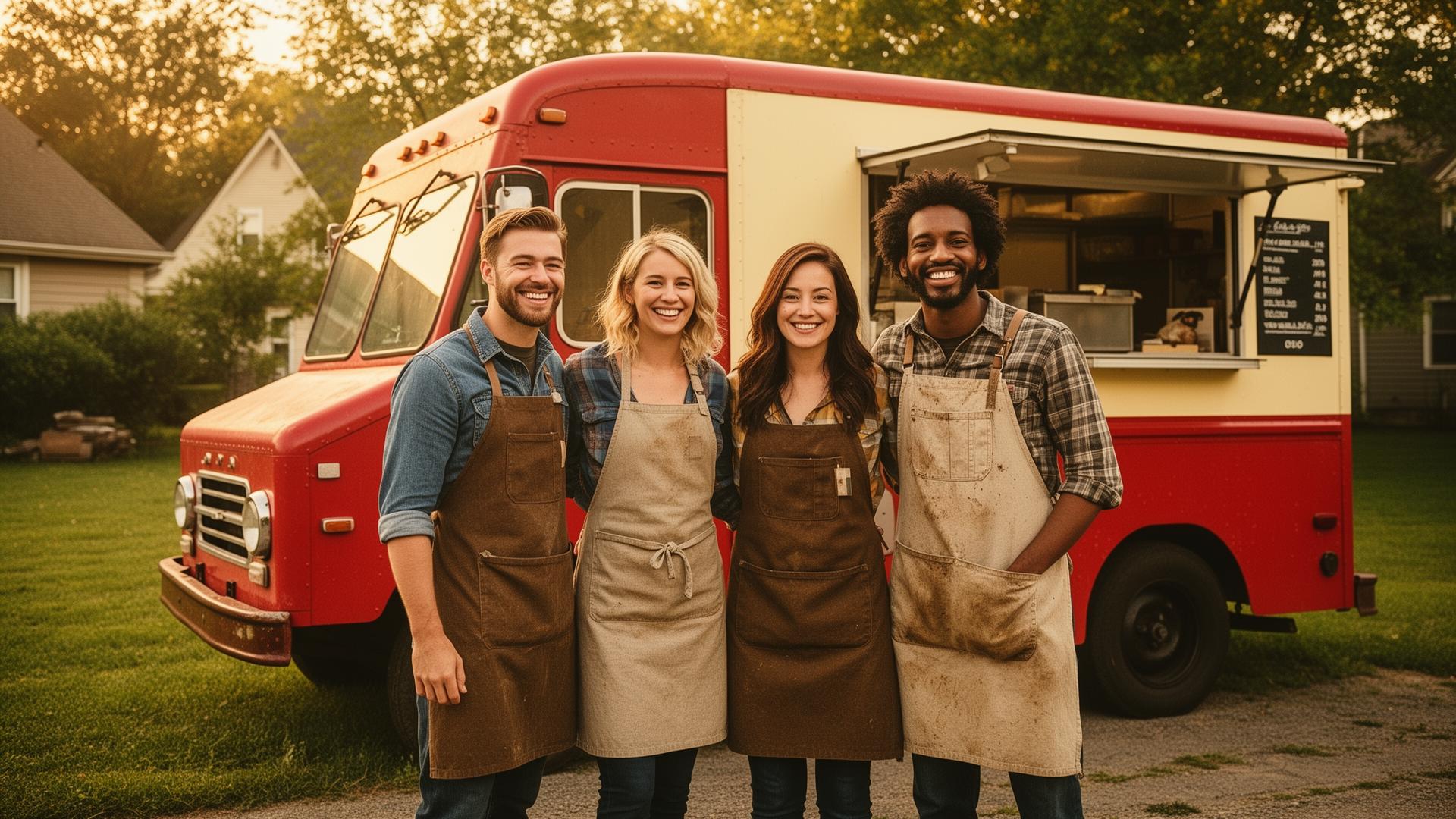 The four Grounds & Grub founders standing in front of their vintage red food truck at golden hour