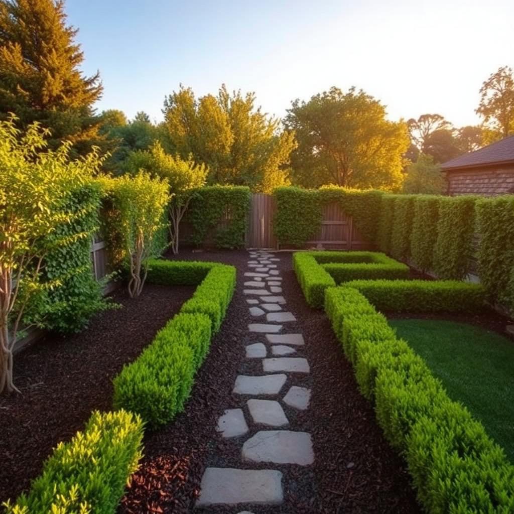 Landscaped backyard with manicured boxwood hedges and a stone path