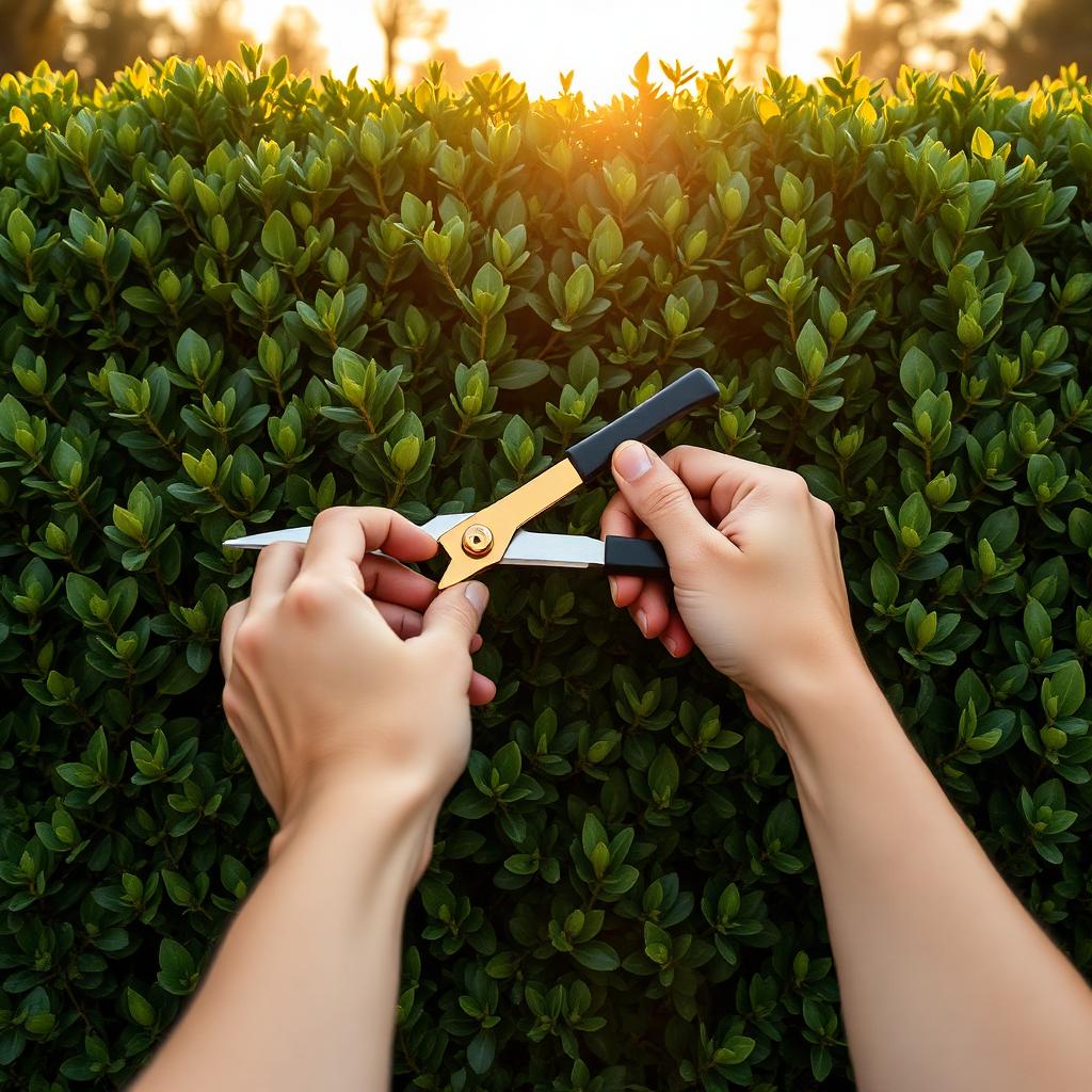 Close-up of hands trimming a green hedge at golden hour
